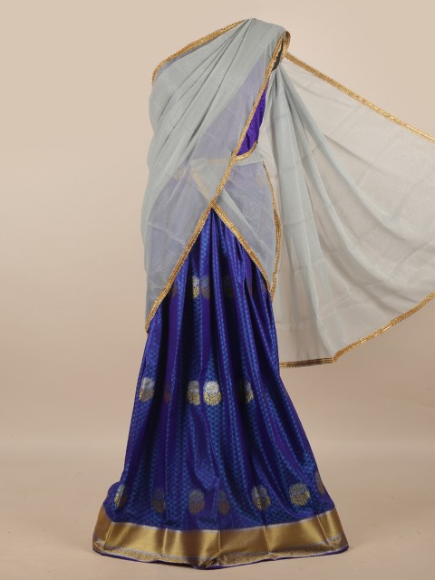 

Pothys Grey & Blue Unstitched Skirt & Blouse With Dhavani