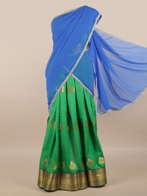 

Pothys Blue & Green Unstitched Skirt & Blouse With Dhavani