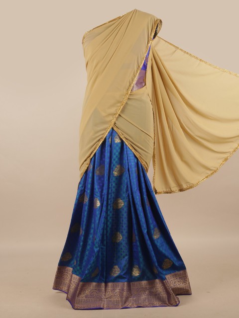 

Pothys Beige & Blue Unstitched Lehenga & Blouse With Dupatta