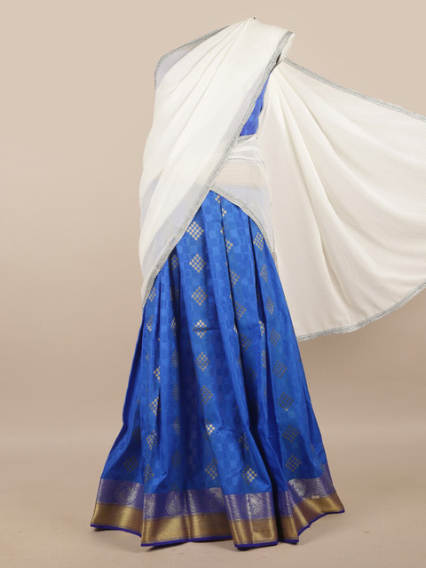 

Pothys White & Blue Unstitched Lehenga & Blouse With Dupatta