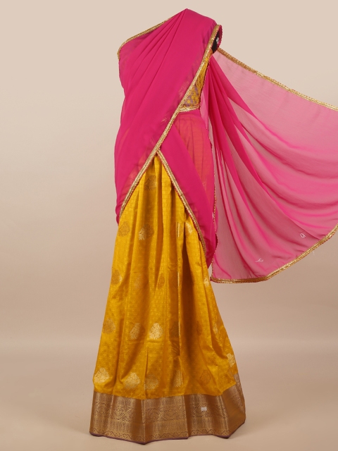 

Pothys Pink & Mustard Unstitched Skirt & Blouse With Dhavani