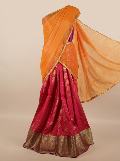 

Pothys Orange & Magenta Unstitched Skirt & Blouse With Dhavani