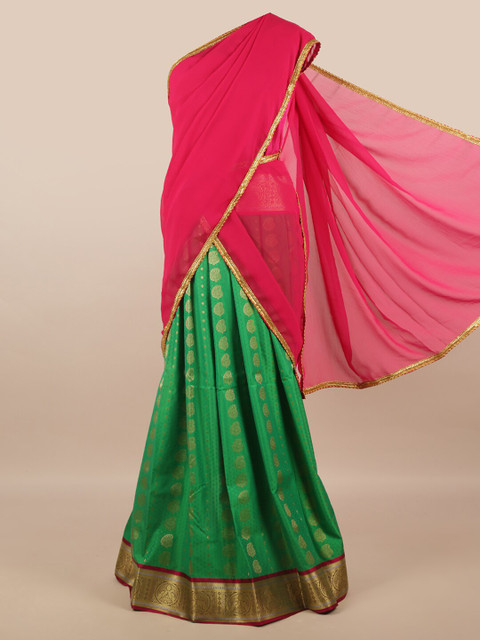

Pothys Pink & Green Unstitched Lehenga & Blouse With Dupatta