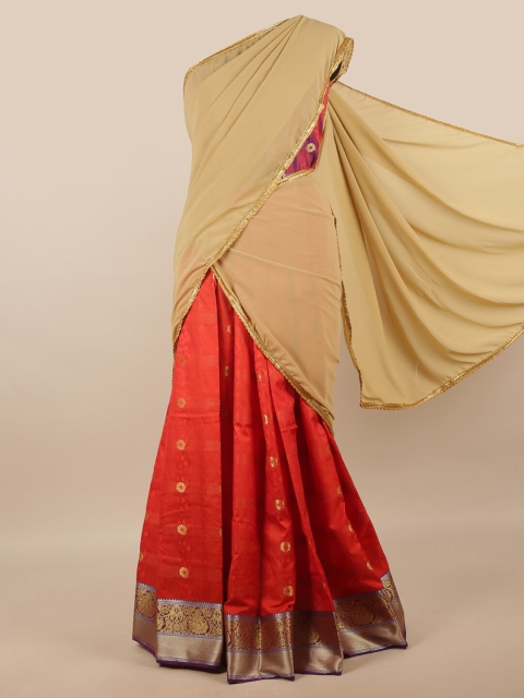 

Pothys Beige & Orange Unstitched Lehenga & Blouse With Dupatta