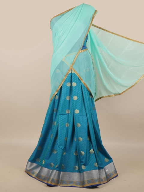 

Pothys Blue & Gold-Toned Unstitched Lehenga & Blouse With Dupatta