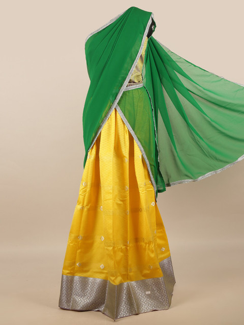 

Pothys Green & Yellow Unstitched Skirt & Blouse With Dhavani