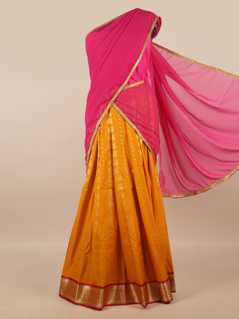 

Pothys Pink & Mustard Unstitched Lehenga & Blouse With Dupatta