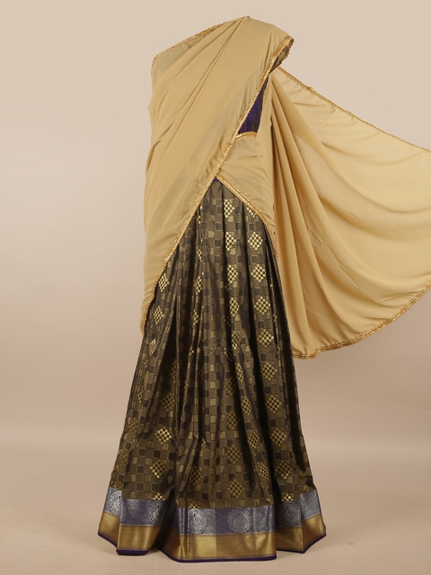 

Pothys Cream-Coloured & Brown Unstitched Skirt & Blouse With Dhavani