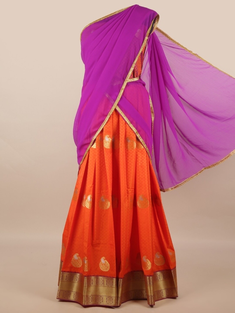 

Pothys Purple & Orange Unstitched Skirt & Blouse With Dhavani