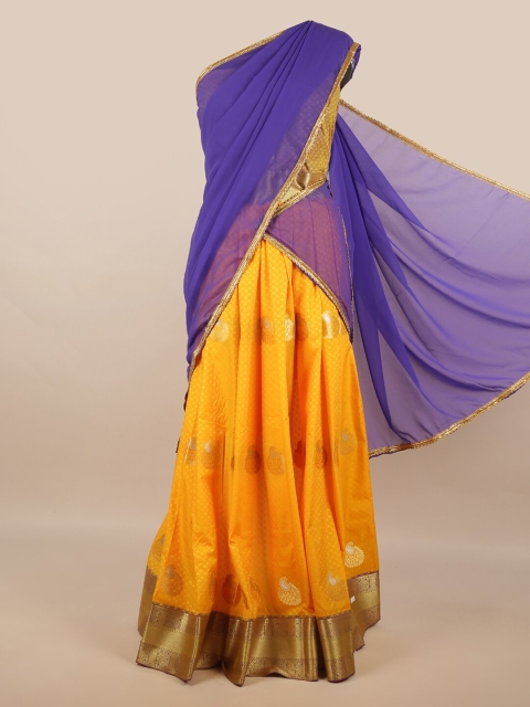 

Pothys Blue & Yellow Unstitched Lehenga & Blouse With Dupatta