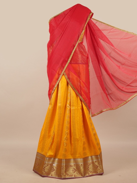 

Pothys Red & Yellow Unstitched Lehenga & Blouse With Dupatta