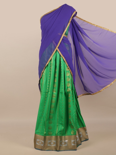 

Pothys Blue & Green Unstitched Lehenga & Blouse With Dupatta