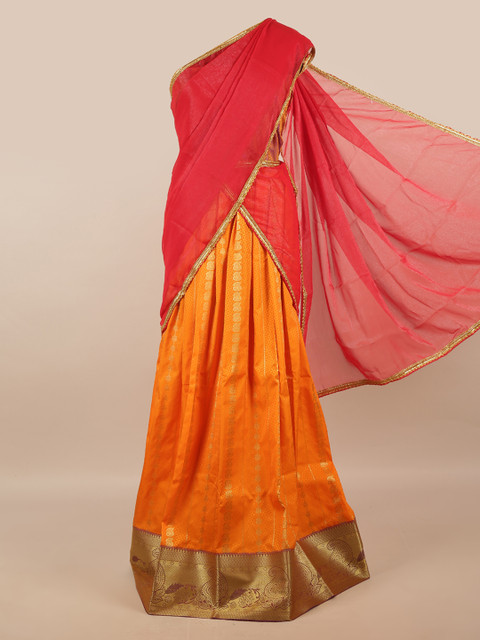 

Pothys Red & Orange Unstitched Lehenga & Blouse With Dupatta