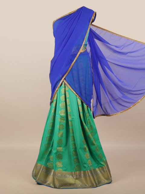 

Pothys Blue & Green Unstitched Skirt & Blouse With Dhavani