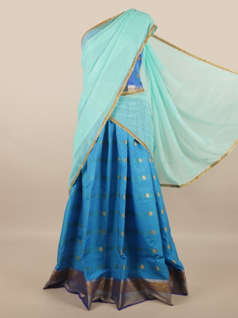 

Pothys Turquoise Blue & Gold-Toned Unstitched Lehenga & Blouse With Dupatta