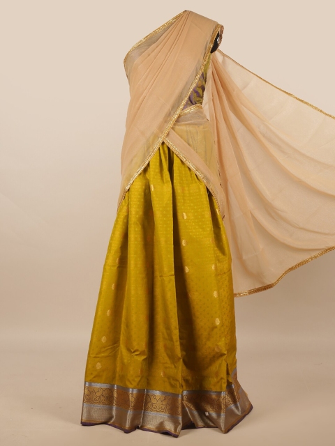 

Pothys Cream & Green Unstitched Lehenga & Blouse With Dupatta