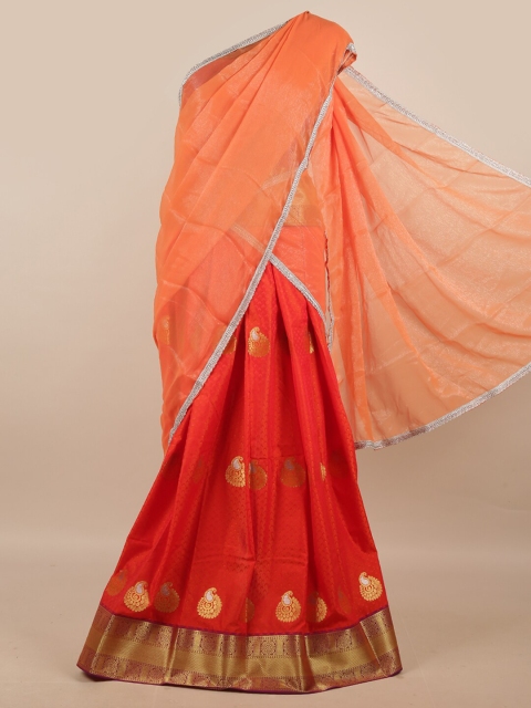 

Pothys Peach-Coloured & Red Unstitched Skirt & Blouse With Dhavani