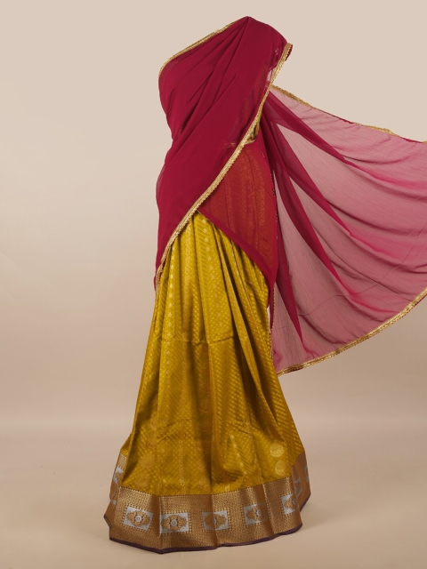 

Pothys Maroon & Mustard Unstitched Skirt & Blouse With Dhavani