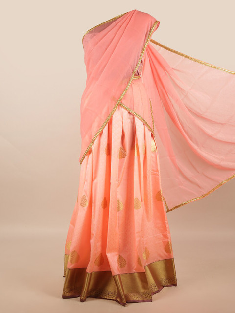 

Pothys Peach-Coloured & Gold-Toned Unstitched Lehenga & Blouse With Dupatta