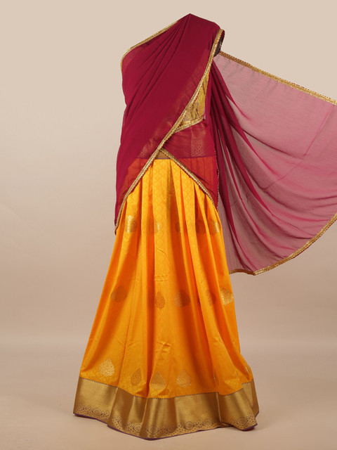 

Pothys Magenta & Yellow Unstitched Lehenga & Blouse With Dupatta