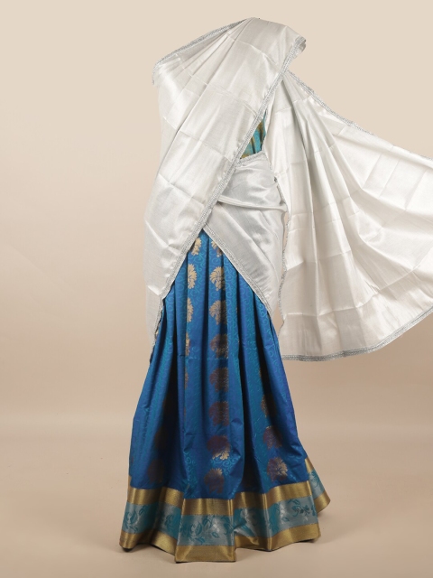 

Pothys Silver-Toned & Blue Unstitched Skirt & Blouse With Dhavani