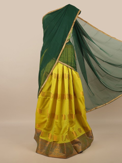 

Pothys Green & Yellow Unstitched Lehenga & Blouse With Dupatta