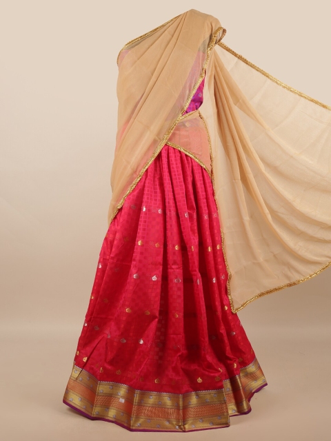 

Pothys Cream-Coloured & Red Unstitched Skirt & Blouse With Dhavani