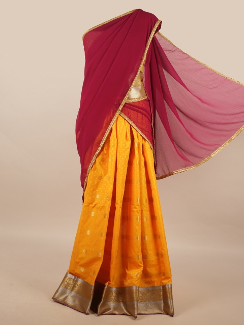 

Pothys Magenta & Yellow Unstitched Skirt & Blouse With Dhavani