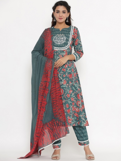 

VEDANA Women Grey Floral Printed Pure Cotton Kurta with Trousers & With Dupatta