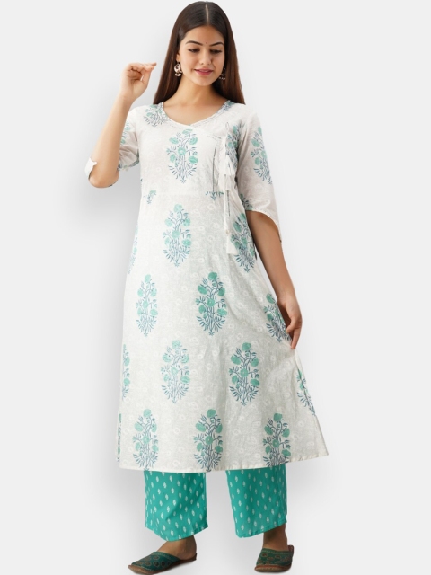 

VEDANA Women White Ethnic Motifs Printed Angrakha Gotta Patti Pure Cotton Kurta with Palazzos