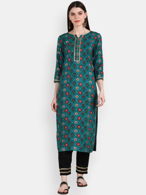 

VEDANA Women Green Ethnic Motifs Printed Gotta Patti Kurta with Trousers