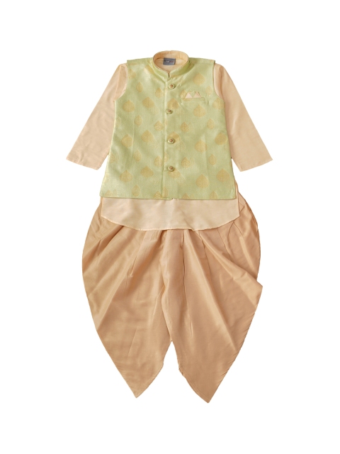 

Dapper dudes Boys Green & Gold-Toned Kurta With Dhoti Pants & Nehru Jacket