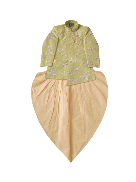 

Dapper dudes Boys Green Embroidered Angrakha Kurta with Dhoti Pants