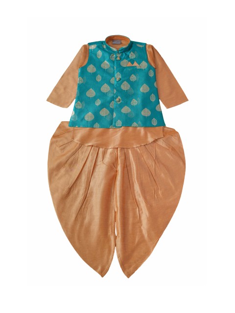 

Dapper dudes Boys Green & Gold-Toned Woven Design Kurta with Dhoti Pants & Nehru Jacket