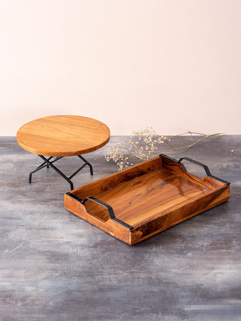 

nestroots Brown Wooden Serving Tray & Cake Stand Combo