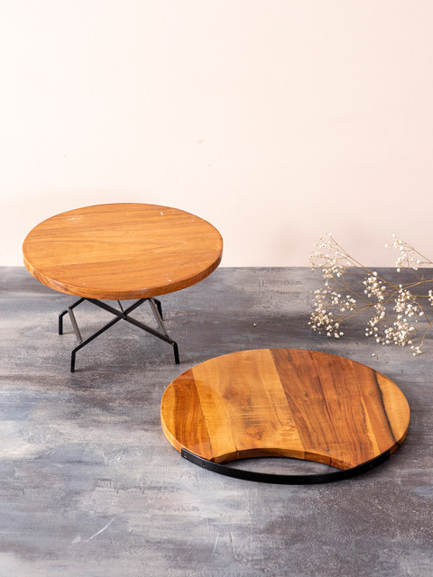 

nestroots Brown Wooden Serving Platter & Cake Stand Combo