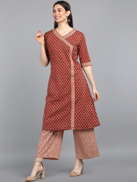 

AHIKA Women Red Ethnic Motifs Printed Angrakha Pure Cotton Kurta with Palazzos