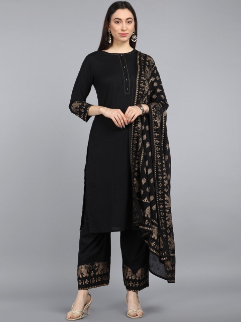 

AHIKA Women Black Pure Cotton Kurta with Trousers & With Dupatta
