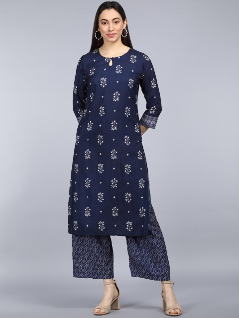 

AHIKA Women Navy Blue Floral Printed Pure Cotton Kurta with Palazzos