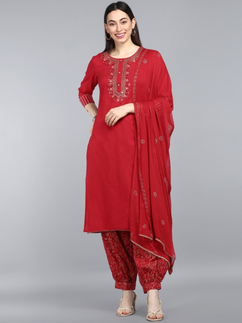 

AHIKA Women Maroon Floral Yoke Design Sequinned Pure Cotton Kurta with Trousers & With Dupatta