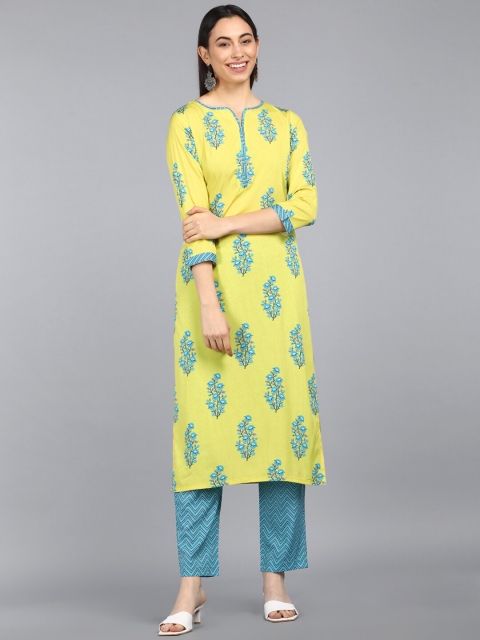 

AHIKA Women Yellow & Blue Floral Printed Kurta With Trousers