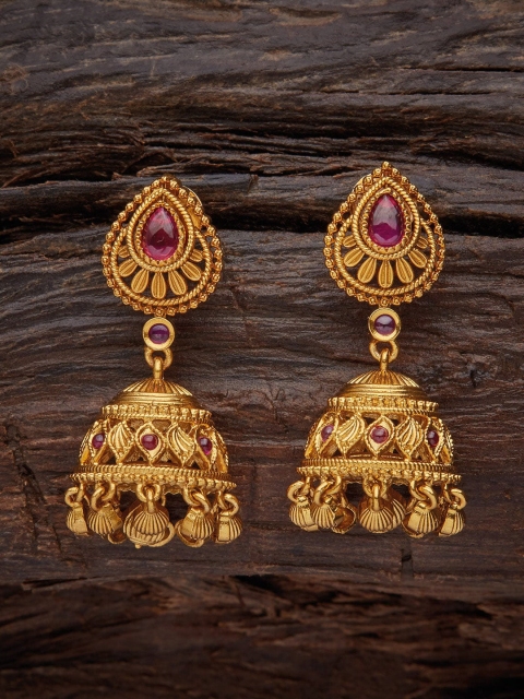 

Kushal's Fashion Jewellery Gold-Toned With Ruby Spinel Stone Dome Shaped Jhumkas Earrings