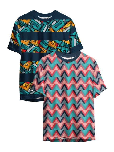 

mezmoda Boys Pack Of 2 Navy Blue & Teal Green Printed T-shirt