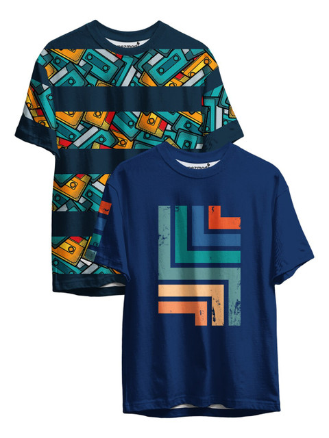 

mezmoda Boys Pack of 2 Printed Drop-Shoulder Sleeves T-shirts, Blue