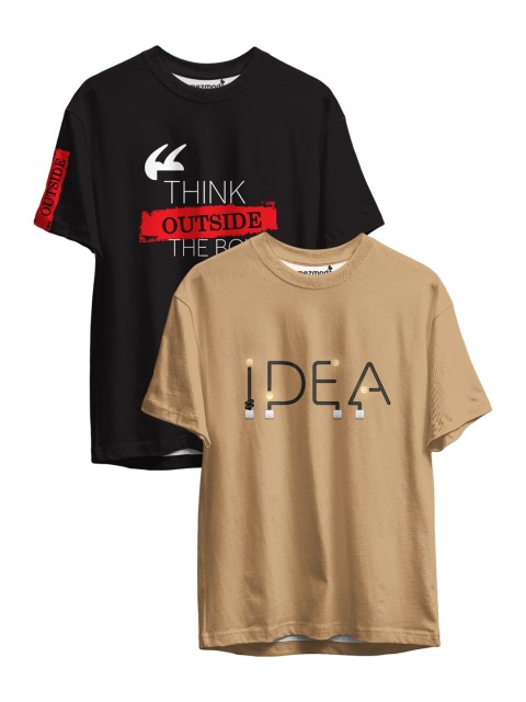 

mezmoda Boys Pack of 2 Black & Beige Typography Printed Drop-Shoulder Sleeves T-shirt