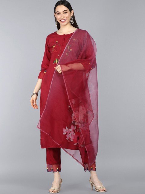 

AHIKA Women Red Embroidered Kurta Set With Dupatta