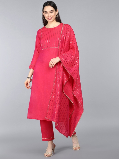 

AHIKA Women Fuchsia Yoke Design Sequinned Embellished Kurta Set With Dupatta