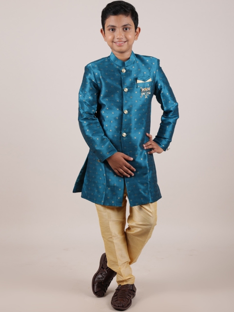 

Pothys Boys Teal Printed Pure Cotton Kurta with Churidar