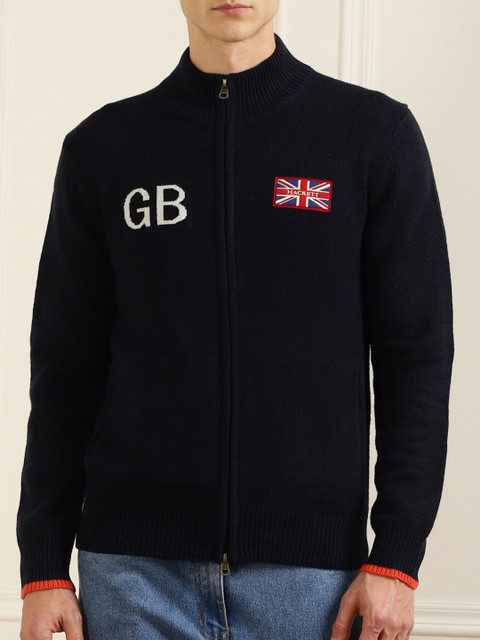 

HACKETT LONDON Men Navy Blue Merino Wool Front-Open With Applique Detail