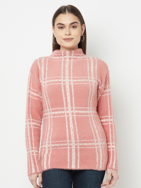 

METTLE Women Coral & White Checked Pullover